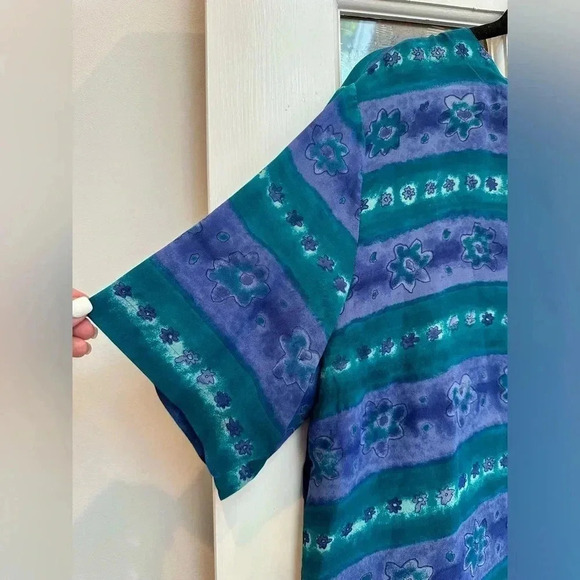 Vintage Quo-Silk 100% Silk Watercolor Floral Short Sleeve Blouse Size Large L - Picture 3 of 11